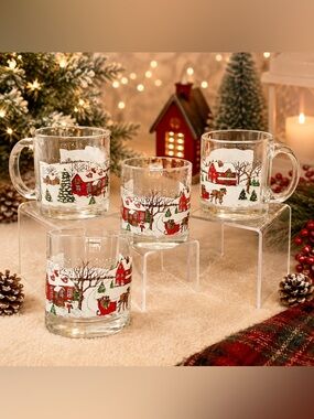 🔍(4) MADE IN USA CHRISTMAS WINTER VILLAGE GLASS MUGS — HORSE & SLEIGH
